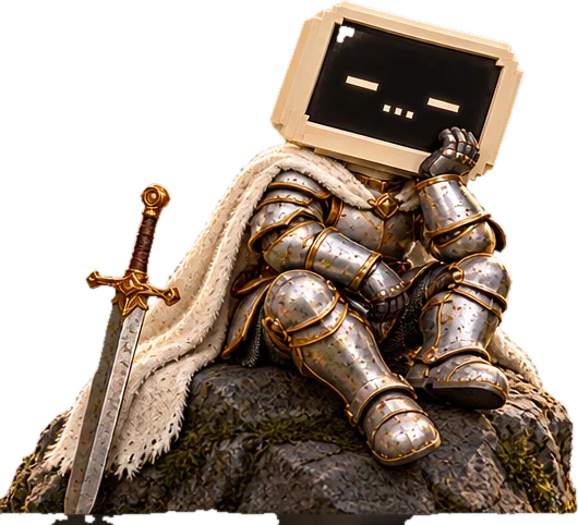 KNIGENCY sitting on a rock, thinking